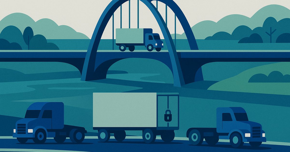 A sealed trailer changing hands at a U.S.-Mexico border bridge, with the Mexican linehaul, the transfer and the U.S. delivery shown as three separate legs