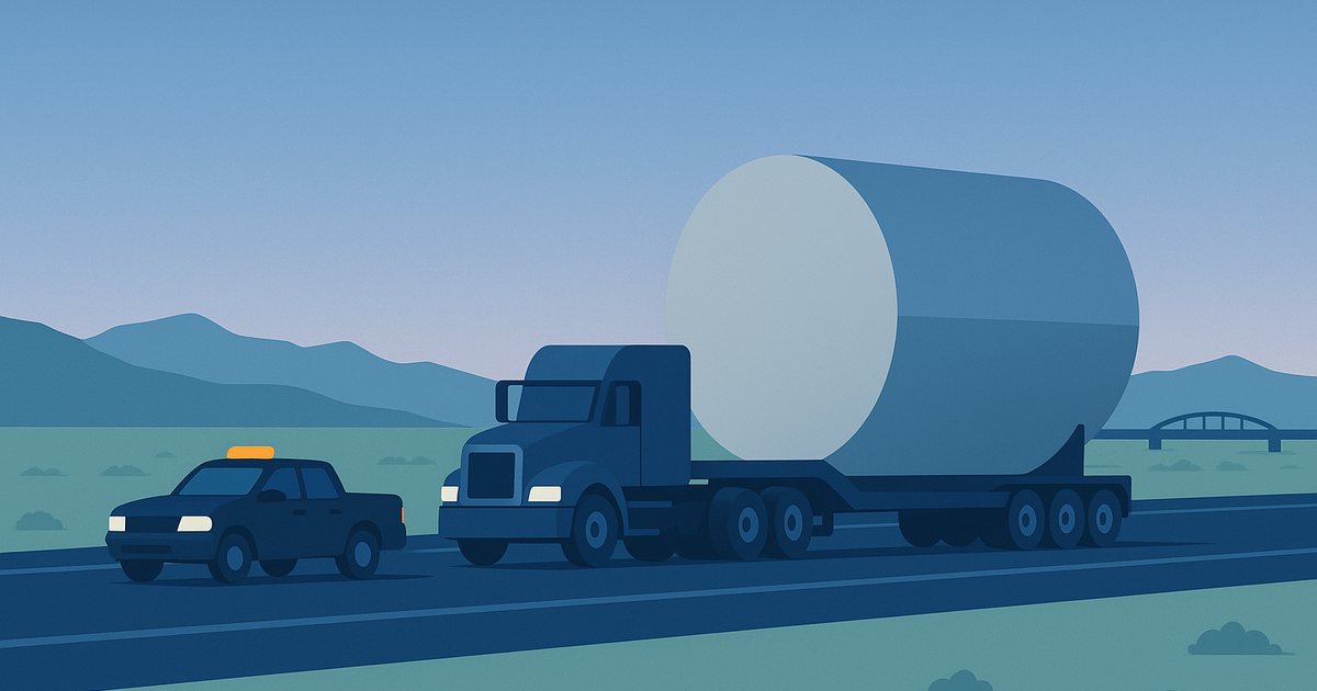 A lowboy trailer carrying an oversize load follows a pilot vehicle toward a border bridge at dawn