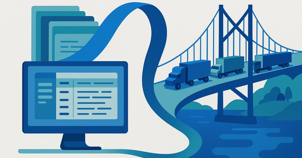 Flat illustration of a record-keeping system on one side and a network of trucks crossing a border bridge on the other, joined by a single flowing line