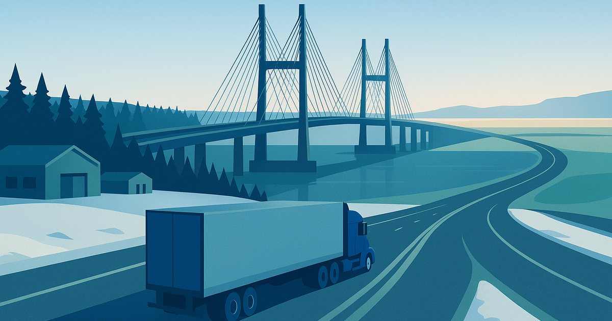 A tractor-trailer on a Canadian highway in winter light, approaching an international bridge with roads branching toward the prairie and the south