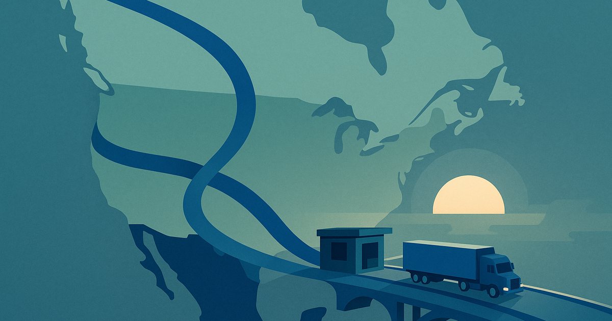 Two freight routes, one from Mexico and one from Canada, meeting at a border bridge where a semi truck waits at dawn