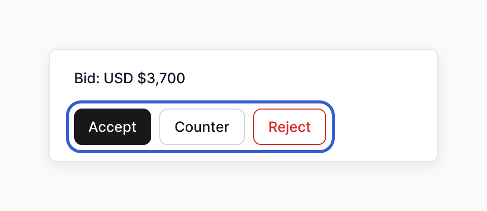 The bid bar in the chat reading "Bid: USD $3,700", with the Accept, Counter and Reject buttons outlined in blue.