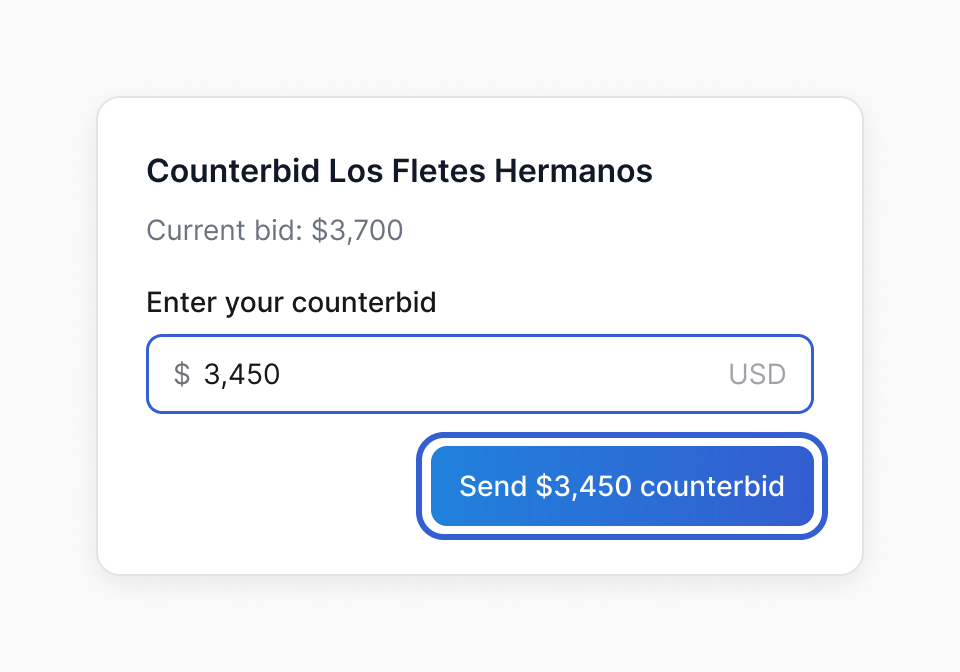 The "Counterbid Los Fletes Hermanos" dialog: Current bid $3,700, "Enter your counterbid" filled in with 3,450 USD, and the Send $3,450 counterbid button outlined in blue.