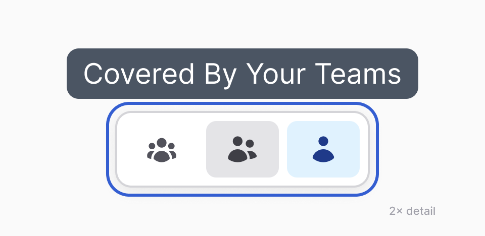 The ownership switch at the top left of the list, outlined in blue, shown at twice its size: three person icons, the single-person icon selected, and the tooltip "Covered By Your Teams" over the middle icon.