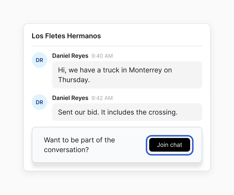 The chat with Los Fletes Hermanos on a posting, read-only: two messages from Daniel Reyes, then the prompt "Want to be part of the conversation?" with a black Join chat button outlined in blue.