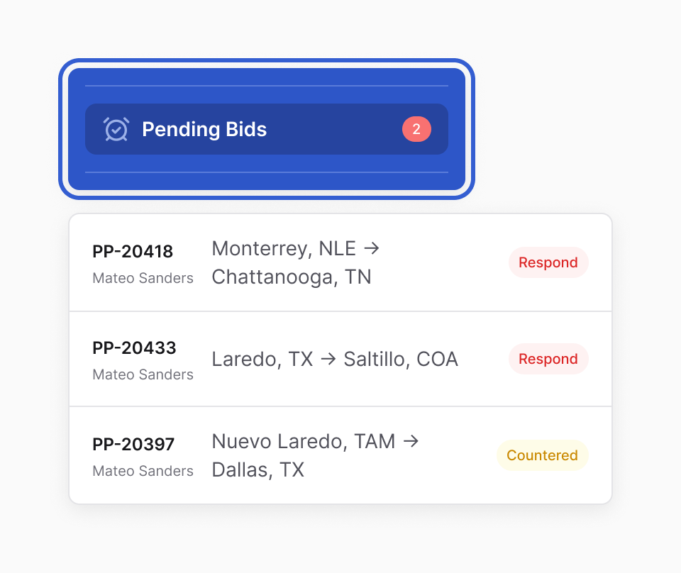 The Freight left menu's Pending Bids item with a red count of 2, outlined in blue, above three postings covered by Mateo Sanders: two with a red Respond status and one with a yellow Countered status.