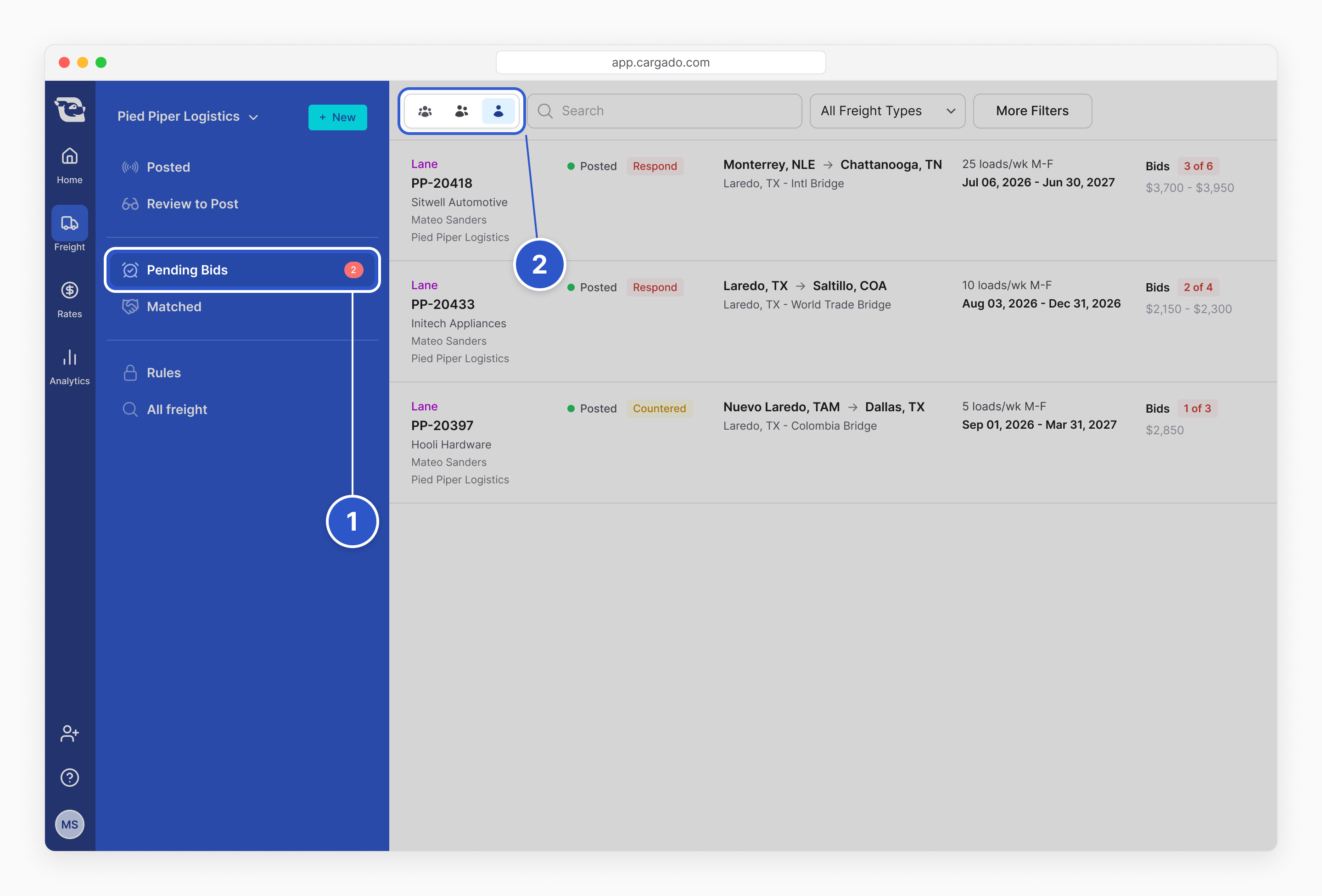 The full Cargado broker app in a browser window at app.cargado.com, on the Freight page. Callout 1 marks Pending Bids, with a red count of 2, in the blue Freight menu on the left. Callout 2 marks the ownership switch at the top left of the list, set to the single-person icon. The list shows three postings covered by Mateo Sanders: two say Respond and one says Countered.