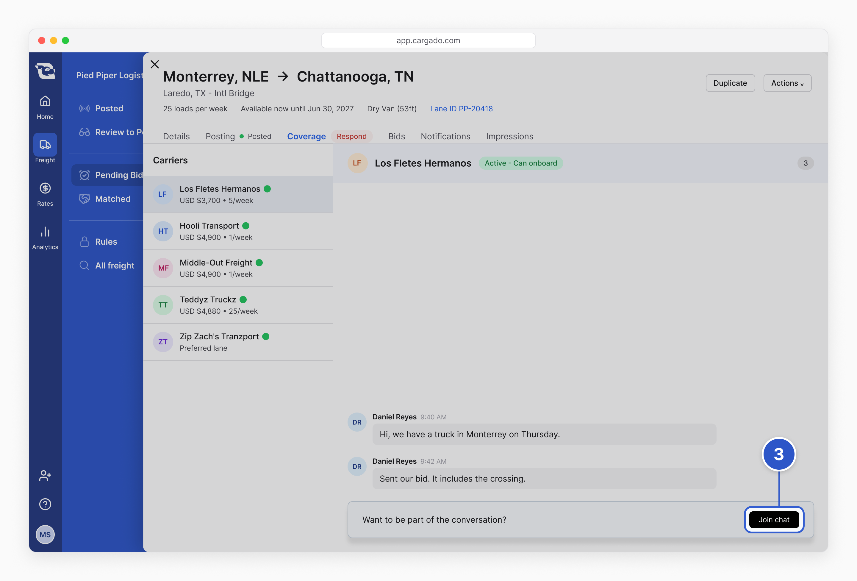 Posting PP-20418, Monterrey, NLE to Chattanooga, TN, open over the Freight page on its Coverage tab, which shows a red Respond tag. Carriers are listed on the left with Los Fletes Hermanos selected; its chat is on the right with two messages from Daniel Reyes. Callout 3 marks the Join chat button at the bottom of the chat.
