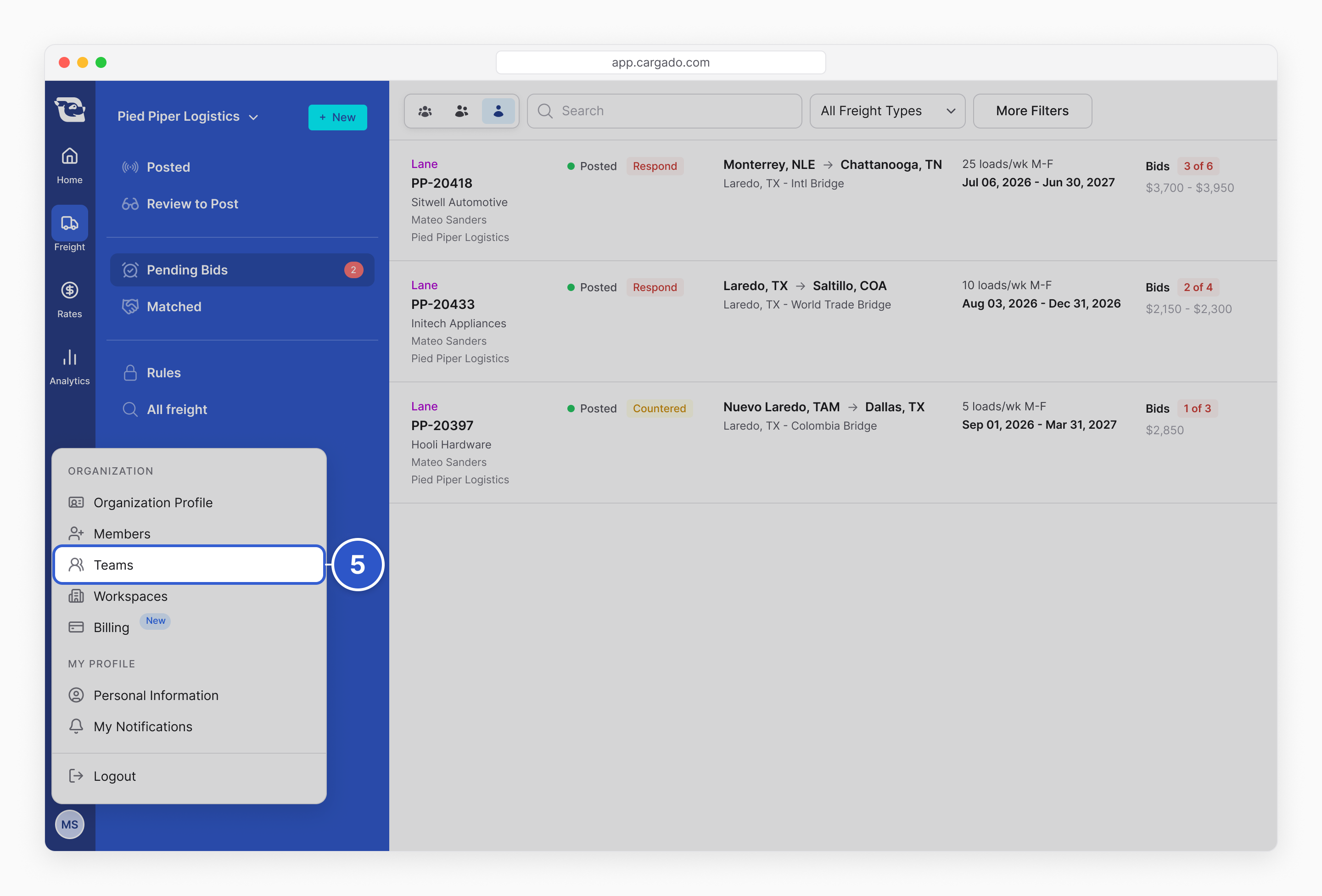 The Freight page with the profile menu open from the avatar at the bottom left. Under Organization, callout 5 marks Teams.