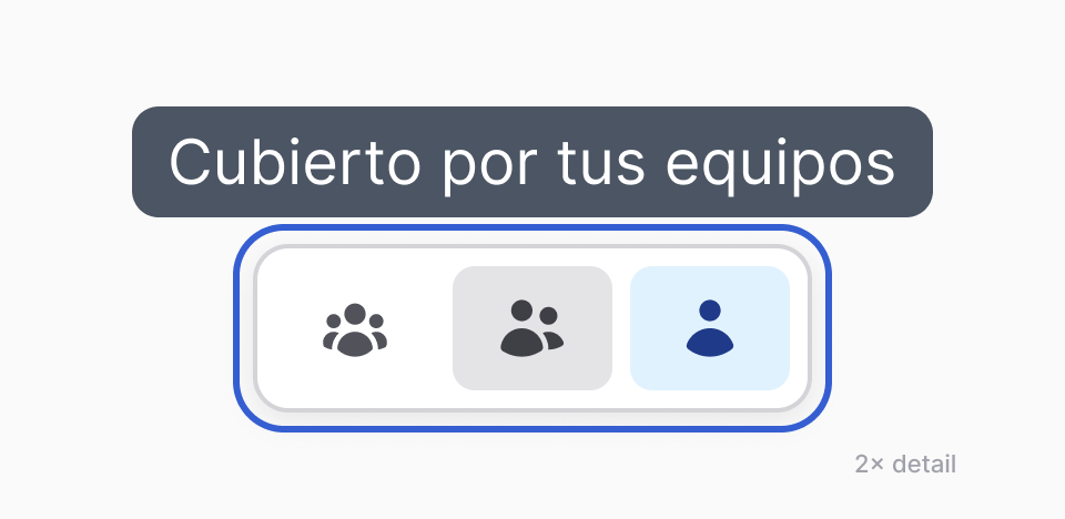 El selector de la parte superior izquierda de la lista, marcado en azul y al doble de su tamaño: tres íconos de personas, el de una sola persona seleccionado, y el mensaje "Cubierto por tus equipos" sobre el ícono del centro.