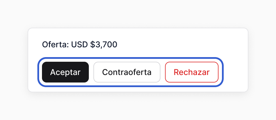 La barra de la oferta en el chat, que dice "Oferta: USD $3,700", con los botones Aceptar, Contraoferta y Rechazar marcados en azul.
