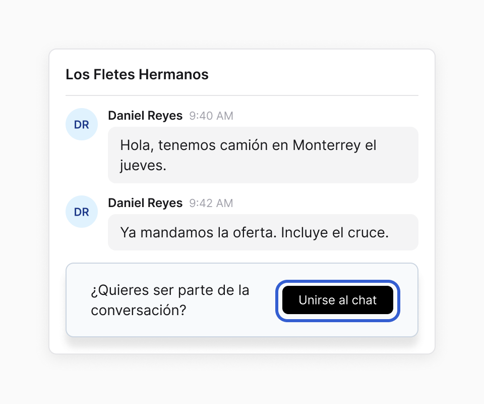 El chat con Los Fletes Hermanos en una publicación, solo de lectura: dos mensajes de Daniel Reyes y luego la pregunta "¿Quieres ser parte de la conversación?" con el botón negro Unirse al chat marcado en azul.