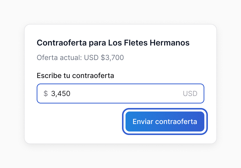 La ventana "Contraoferta para Los Fletes Hermanos": oferta actual USD $3,700, la contraoferta escrita en 3,450 USD y el botón Enviar contraoferta marcado en azul.