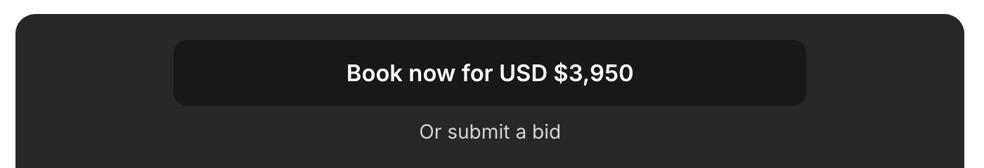 Top of the dark bid card with the button “Book now for USD $3,950” and the line “Or submit a bid” under it.