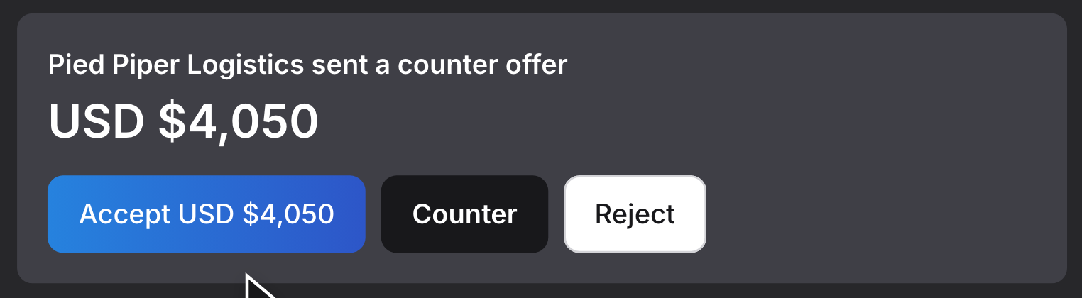The counter card: “Pied Piper Logistics sent a counter offer”, USD $4,050, with the buttons “Accept USD $4,050”, “Counter” and “Reject”.