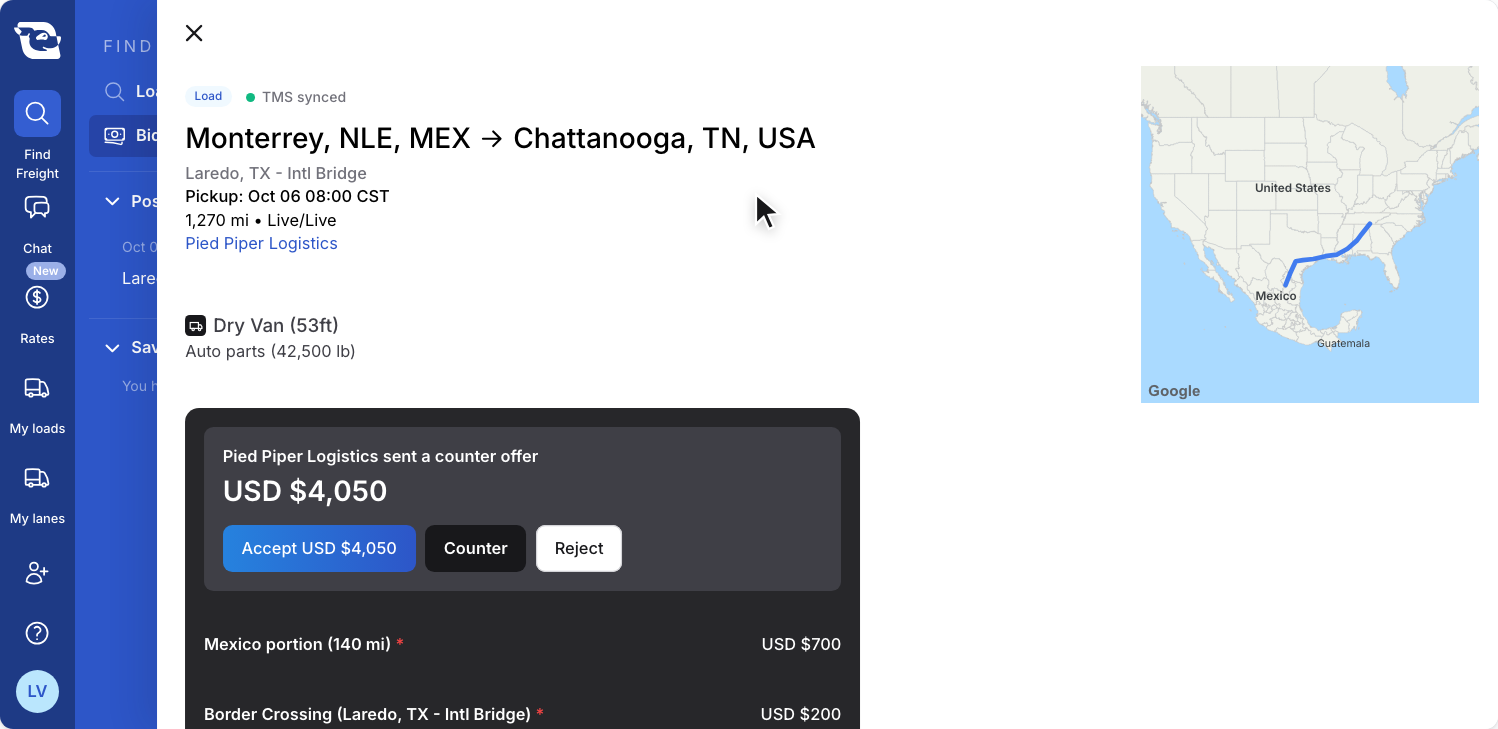 A Load posting from Pied Piper Logistics opened from Bids, Monterrey, NLE, MEX to Chattanooga, TN, USA. The top of the bid card reads “Pied Piper Logistics sent a counter offer”, USD $4,050, with the buttons “Accept USD $4,050”, “Counter” and “Reject”.