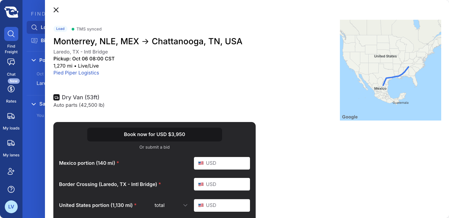 A Load posting open over the Load board: Monterrey, NLE, MEX to Chattanooga, TN, USA via Laredo, TX - Intl Bridge, posted by Pied Piper Logistics, with a route map on the right. Below the summary, the dark bid card shows “Book now for USD $3,950” and the per-leg bid fields.