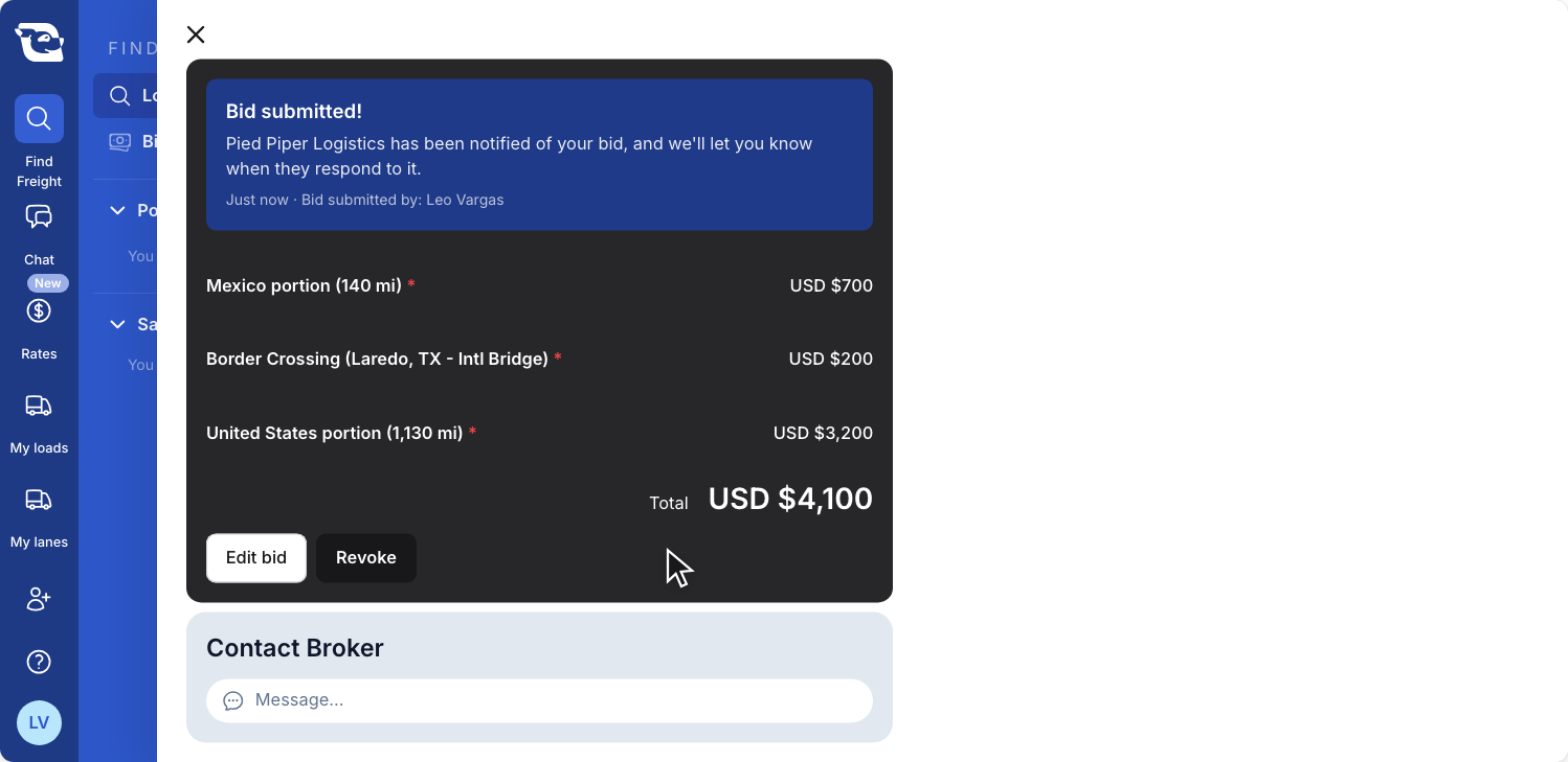 The bid card after submitting: a “Bid submitted!” banner says Pied Piper Logistics has been notified, followed by the three leg amounts, Total USD $4,100, and the buttons “Edit bid” and “Revoke”. The Contact Broker card sits below.