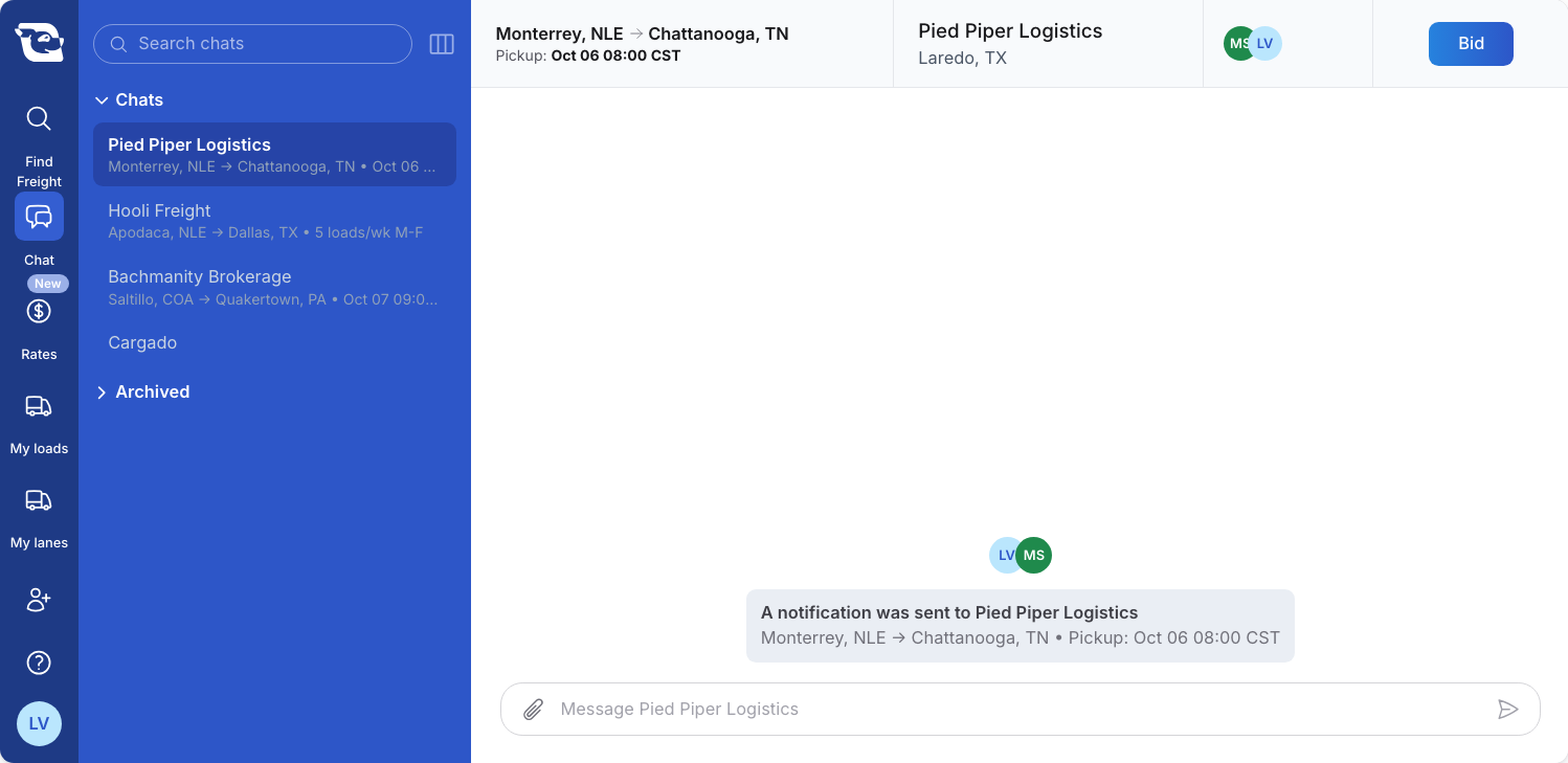 The Chat page with the Pied Piper Logistics chat open for Monterrey, NLE to Chattanooga, TN, showing “A notification was sent to Pied Piper Logistics” and an empty message box. Chats with Hooli Freight, Bachmanity Brokerage and Cargado are listed in the sidebar.