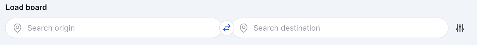 The Load board title and search bar, with “Search origin”, “Search destination” and the sliders (Customize) icon at the right end.