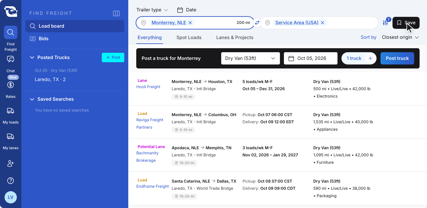 The Load board searched from Monterrey, NLE (200 mi) to Service Area (USA), with results from Hooli Freight, Raviga Freight Partners, Bachmanity Brokerage and Endframe Freight. The pointer is on the black “Save” button at the right end of the search card.