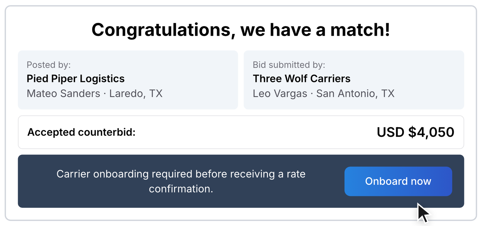 The match message in chat: “Congratulations, we have a match!”, posted by Pied Piper Logistics (Mateo Sanders, Laredo, TX), bid submitted by Three Wolf Carriers (Leo Vargas, San Antonio, TX), accepted counterbid USD $4,050, and a banner saying carrier onboarding is required, with the blue “Onboard now” button.