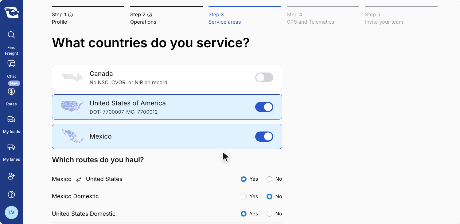 Setup Step 3, Service areas, asking “What countries do you service?”: Canada is off and shows “No NSC, CVOR, or NIR on record”, while United States of America and Mexico are on. Under “Which routes do you haul?”, the Mexico and United States route and United States Domestic are set to Yes and Mexico Domestic to No.