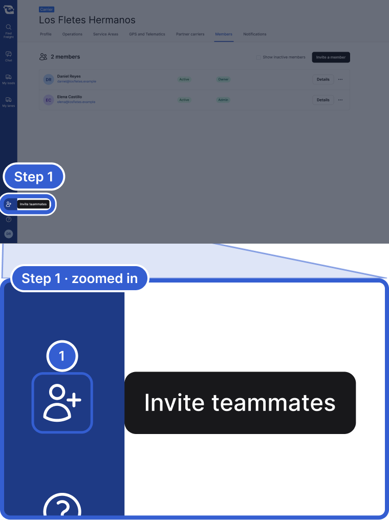 Top: the whole app, dimmed, with the left menu highlighted and marked Step 1. Bottom, zoomed in: the left menu. Callout 1 marks the person icon with a plus sign and its label, Invite teammates.