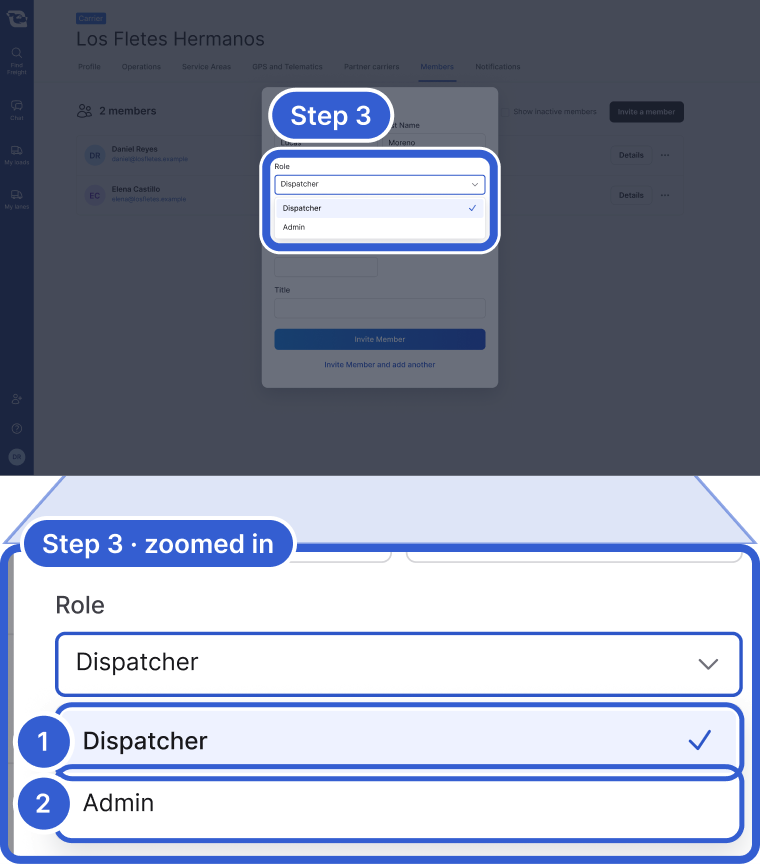 Top: the whole app, dimmed, with the Role list in the invite form highlighted and marked Step 3. Bottom, zoomed in: the open Role list. Callout 1 marks Dispatcher. Callout 2 marks Admin.