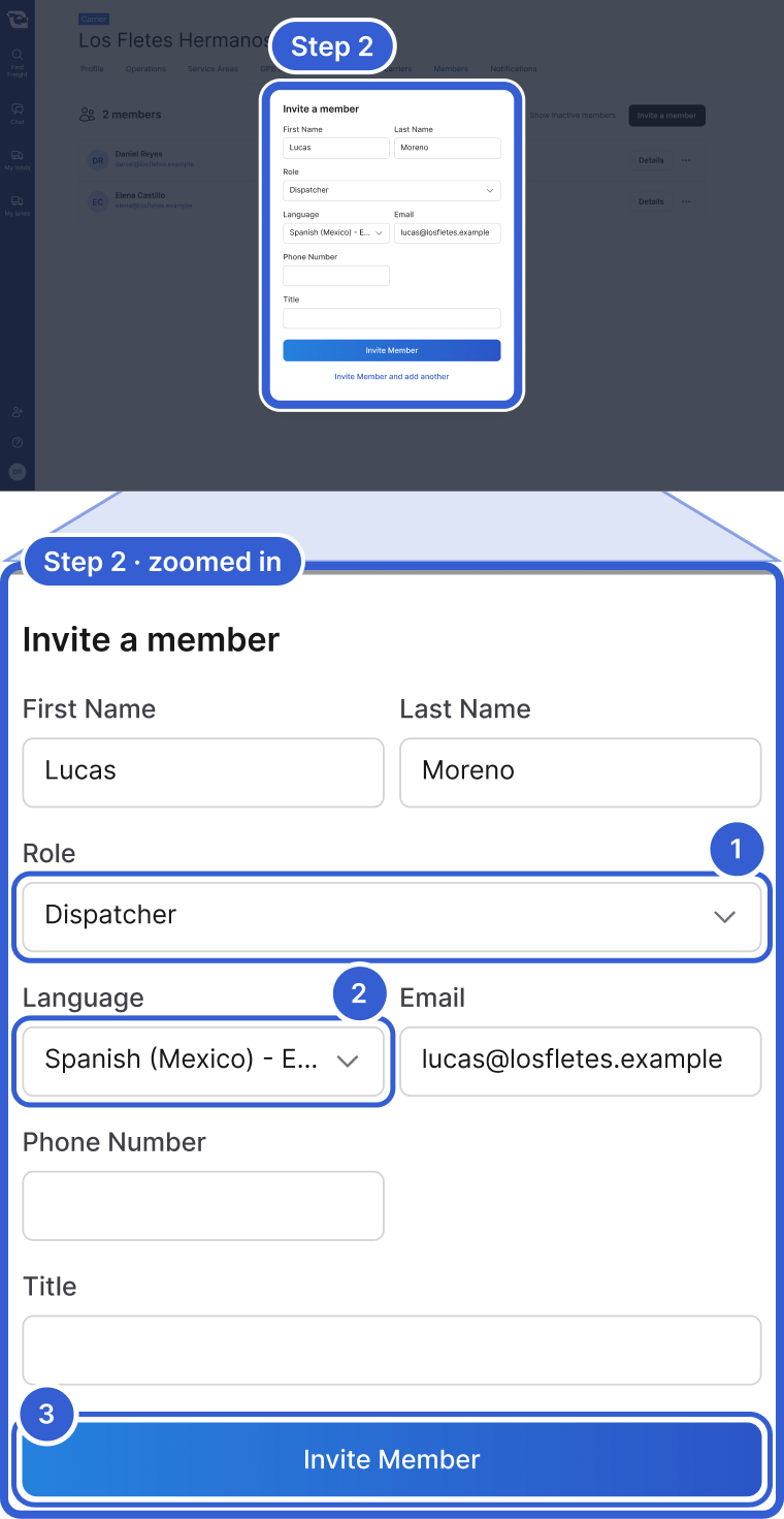 Top: the whole app, dimmed, with the Invite a member form highlighted and marked Step 2. Bottom, zoomed in: the form. Callout 1 marks Role. Callout 2 marks Language. Callout 3 marks the Invite Member button.