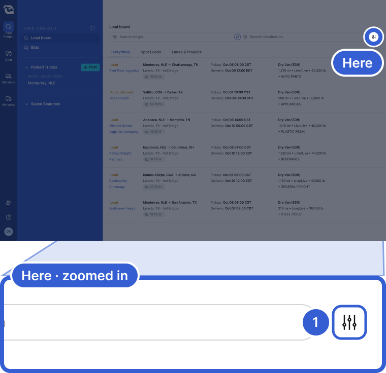 Top: the whole app, dimmed, with the search bar on the Load board highlighted and marked Here. Bottom, zoomed in: the search bar. Callout 1 marks the sliders icon next to it.