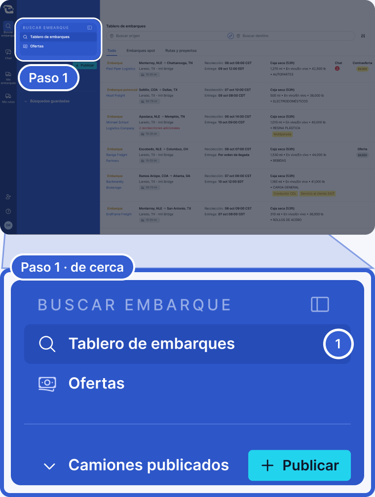 Arriba: toda la aplicación, oscurecida, con el menú de Buscar embarque resaltado y marcado como Paso 1. Abajo, de cerca: el menú con Tablero de embarques, Ofertas y Camiones publicados. El número 1 marca Tablero de embarques.