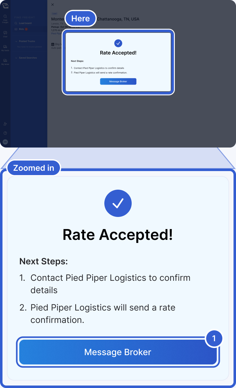 Top: the whole app, dimmed, with the Rate Accepted! window highlighted. Bottom, zoomed in: Rate Accepted! with a check mark. Next Steps: contact Pied Piper Logistics to confirm details; Pied Piper Logistics will send a rate confirmation. Callout 1 marks the Message Broker button.