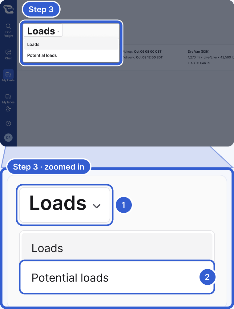 Top: the whole app, dimmed, with the page title menu on My loads highlighted and marked Step 3. Bottom, zoomed in: the title Loads, open, with two options. Callout 1 marks the title. Callout 2 marks Potential loads.