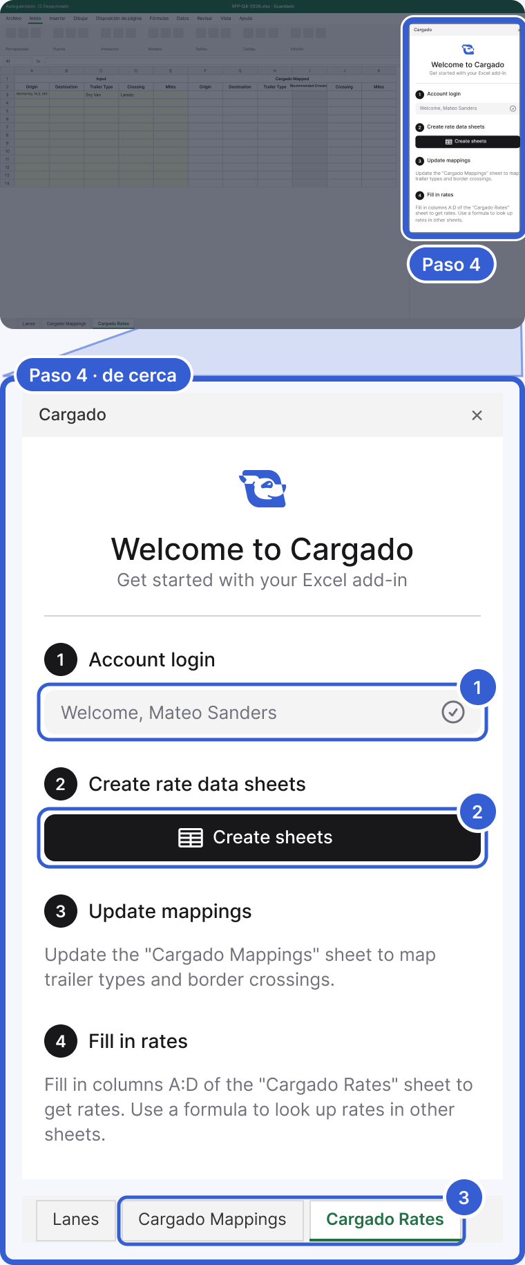 Arriba: toda la ventana de Excel en la hoja nueva Cargado Rates, oscurecida, con el panel de Cargado con sesión iniciada resaltado y marcado como Paso 4. Abajo, de cerca: el panel con Welcome, Mateo Sanders en el paso 1 de acceso a la cuenta, el botón Create sheets, Update mappings y Fill in rates; debajo, las pestañas de hojas Lanes, Cargado Mappings y Cargado Rates. La marca 1 señala Welcome, Mateo Sanders. La marca 2 señala Create sheets. La marca 3 señala las dos pestañas nuevas.