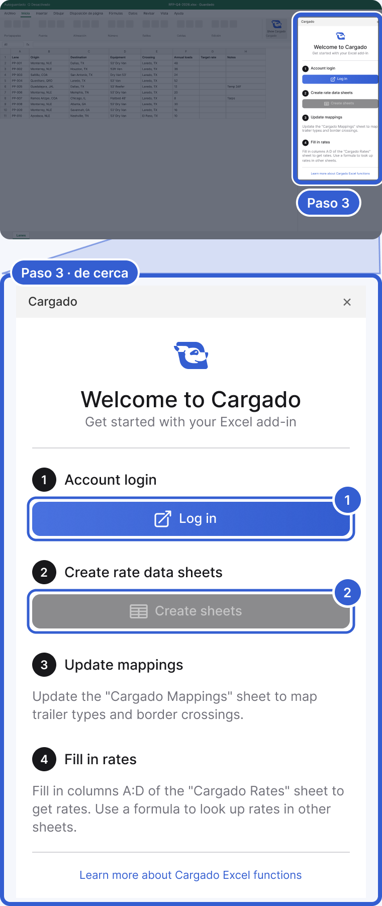 Arriba: toda la ventana de Excel, oscurecida, con el panel de Cargado a la derecha resaltado y marcado como Paso 3. Abajo, de cerca: el panel sin sesión iniciada: Welcome to Cargado, Get started with your Excel add-in, el paso 1 de acceso a la cuenta con el botón Log in, el paso 2 Create rate data sheets con el botón Create sheets atenuado, el paso 3 Update mappings, el paso 4 Fill in rates y el link Learn more about Cargado Excel functions. La marca 1 señala Log in. La marca 2 señala el botón Create sheets atenuado.