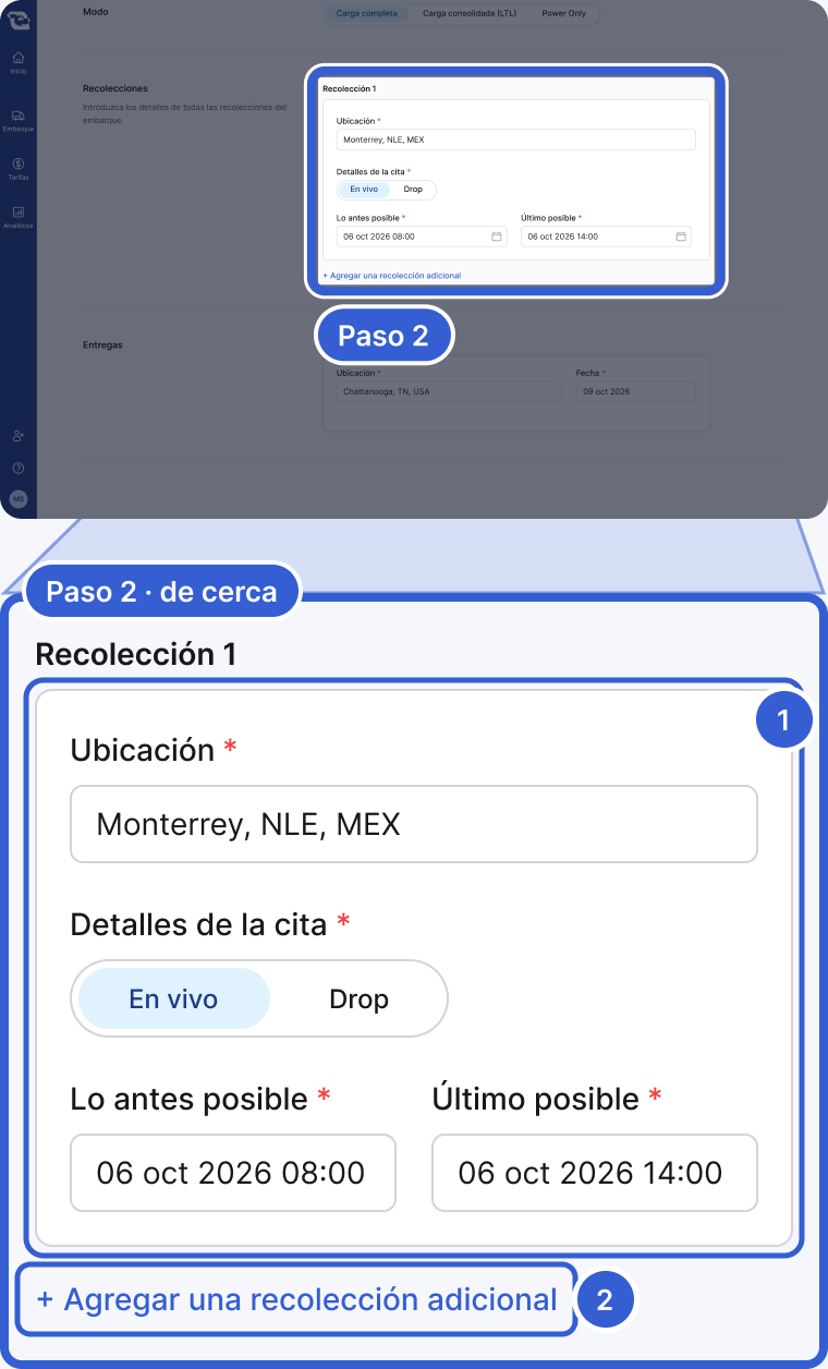 Arriba: toda la aplicación, oscurecida, con la sección Recolecciones resaltada y marcada como Paso 2. Abajo, de cerca: la tarjeta Recolección 1 con Ubicación Monterrey, NLE, MEX, Detalles de la cita en En vivo, y las fechas Lo antes posible y Último posible, y después el link + Agregar una recolección adicional. La marca 1 señala la tarjeta Recolección 1. La marca 2 señala + Agregar una recolección adicional.