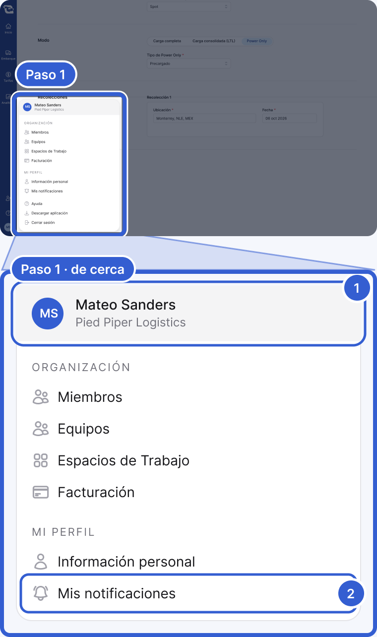 Arriba: la app de Cargado, oscurecida, con el menú de tu cuenta abierto sobre el avatar de la barra lateral izquierda, resaltado y marcado como Paso 1. Abajo, de cerca: el menú de tu cuenta con Mateo Sanders de Pied Piper Logistics arriba, la sección Organización con Miembros, Equipos, Espacios de Trabajo y Facturación, y la sección Mi perfil con Información personal y Mis notificaciones. La marca 1 señala la parte de arriba del menú. La marca 2 señala Mis notificaciones.