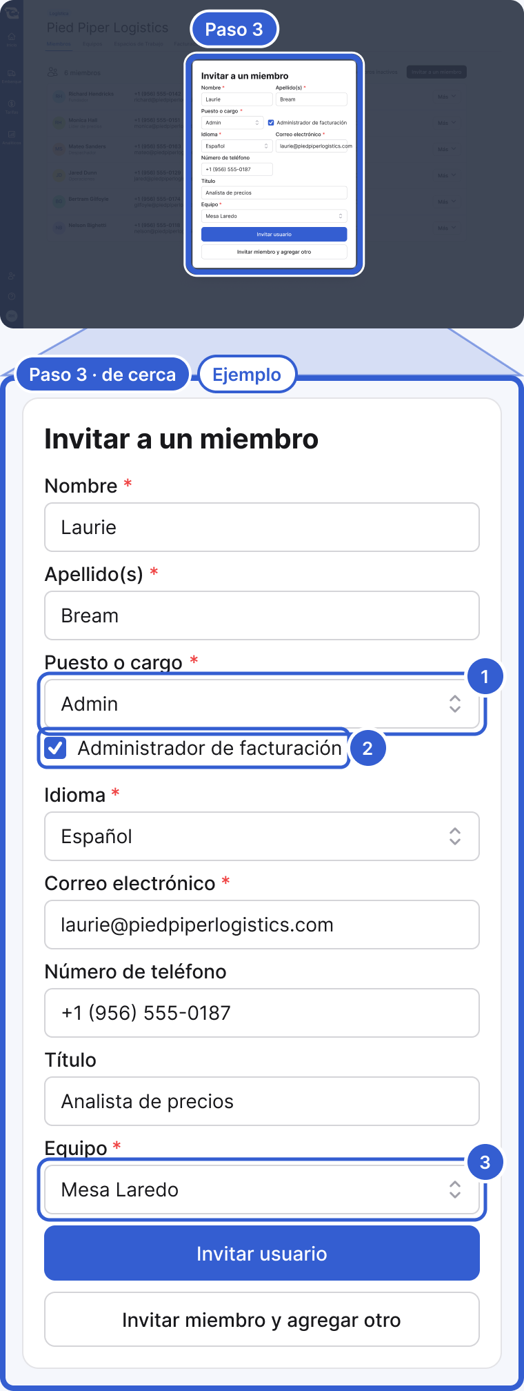 Datos de ejemplo. Arriba: toda la aplicación, oscurecida, con la ventana Invitar a un miembro resaltada y marcada como Paso 3. Abajo, de cerca: la ventana llena para Laurie Bream: Nombre, Apellido(s), Puesto o cargo en Admin con la casilla Administrador de facturación marcada (quien ve la pantalla es el propietario), Idioma, Correo electrónico, Número de teléfono, Título, Equipo en Mesa Laredo, y los botones Invitar usuario e Invitar miembro y agregar otro. La marca 1 señala Puesto o cargo. La marca 2 señala Administrador de facturación. La marca 3 señala Equipo.