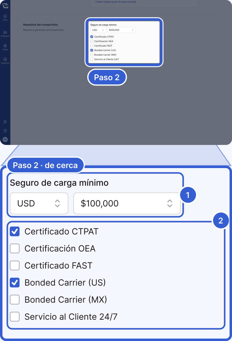 Arriba: toda la aplicación, oscurecida, con la sección Requisitos del transportista del formulario para publicar resaltada y marcada como Paso 2. Abajo, de cerca: Seguro de carga mínimo en USD $100,000 y después las casillas de certificaciones, con Certificado CTPAT y Bonded Carrier (US) marcadas. La marca 1 señala Seguro de carga mínimo. La marca 2 señala las casillas de certificaciones.