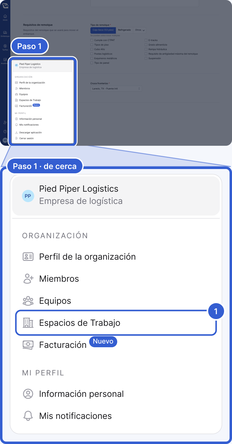 Arriba: toda la aplicación, oscurecida, con el menú de perfil abierto resaltado y marcado como Paso 1. Abajo, de cerca: el menú de perfil de Pied Piper Logistics con la sección Organización (Miembros, Equipos, Espacios de Trabajo, Facturación y, en algunas cuentas, Perfil de la organización) y la sección Mi perfil. La marca 1 señala Espacios de Trabajo.