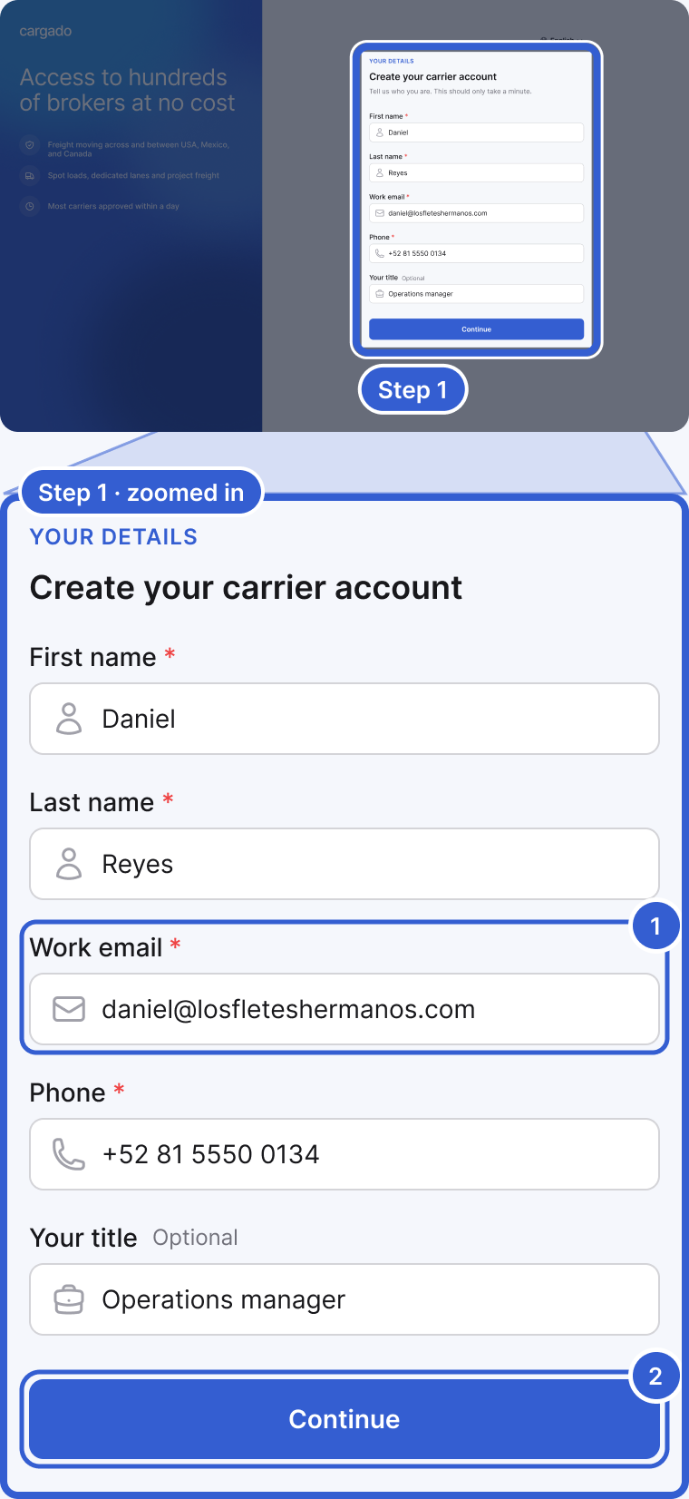 Top: the whole app, dimmed, with the Your details form highlighted and marked Step 1. Bottom, zoomed in: Your details, Create your carrier account, with First name, Last name, Work email, Phone, Your title (optional) and a Continue button. Badge 1 marks Work email. Badge 2 marks Continue.
