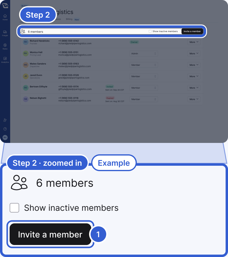 Example data. Top: the whole app, dimmed, with the bar above the Members list highlighted and marked Step 2. Bottom, zoomed in: 6 members, the Show inactive members checkbox and the Invite a member button. Badge 1 marks Invite a member.