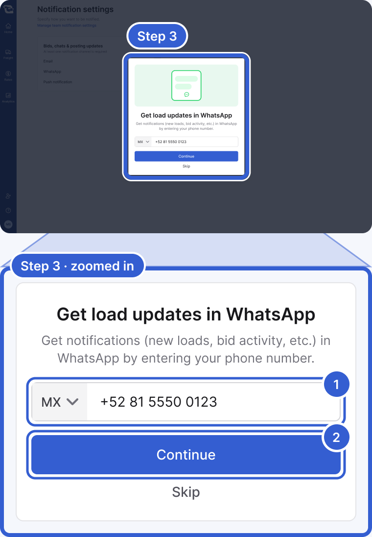 Top: the Notification settings page, dimmed, with the Get load updates in WhatsApp dialog open over it, highlighted and marked Step 3. Bottom, zoomed in: the dialog with the title, the description, a phone number field reading +52 81 5550 0123, a Continue button and a Skip link. Badge 1 marks the phone number field. Badge 2 marks Continue.