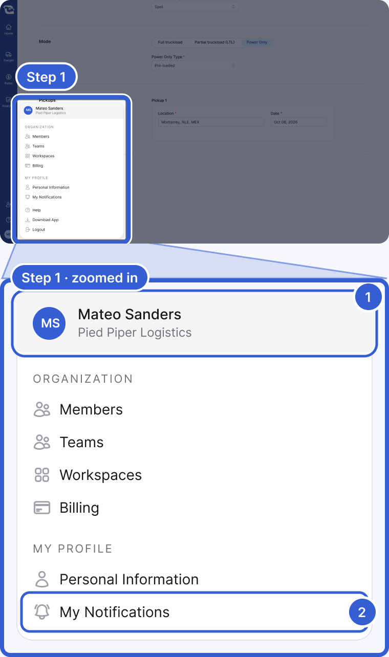 Top: the Cargado app, dimmed, with the account menu open above the avatar in the left rail, highlighted and marked Step 1. Bottom, zoomed in: the account menu with Mateo Sanders at Pied Piper Logistics at the top, the Organization section with Members, Teams, Workspaces and Billing, and the My Profile section with Personal Information and My Notifications. Badge 1 marks the top of the menu. Badge 2 marks My Notifications.