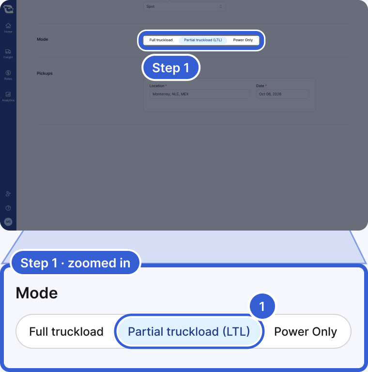 Top: the whole app, dimmed, with the Mode control highlighted and marked Step 1. Bottom, zoomed in: Mode with Full truckload, Partial truckload (LTL) selected, and Power Only. Badge 1 marks Partial truckload (LTL).