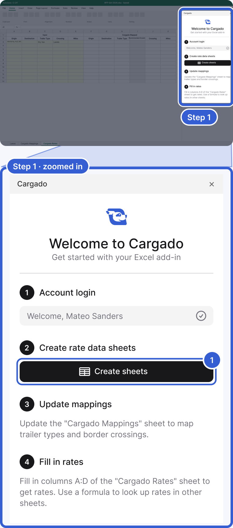 Top: the whole Excel window, dimmed, with the Cargado task pane on the right highlighted and marked Step 1. Bottom, zoomed in: the task pane reading Welcome to Cargado, Get started with your Excel add-in, step 1 Account login with Welcome, Mateo Sanders, step 2 Create rate data sheets with the Create sheets button, step 3 Update mappings and step 4 Fill in rates. Badge 1 marks Create sheets.