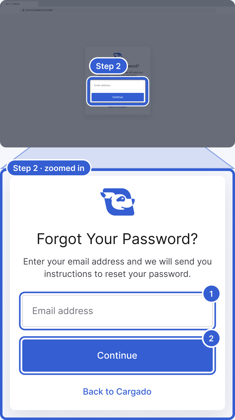 Top: the whole Forgot Your Password? page, dimmed, with the email field and the Continue button highlighted and marked Step 2. Bottom, zoomed in: the Forgot Your Password? card with the Email address field, Continue and Back to Cargado. Badge 1 marks Email address. Badge 2 marks Continue.