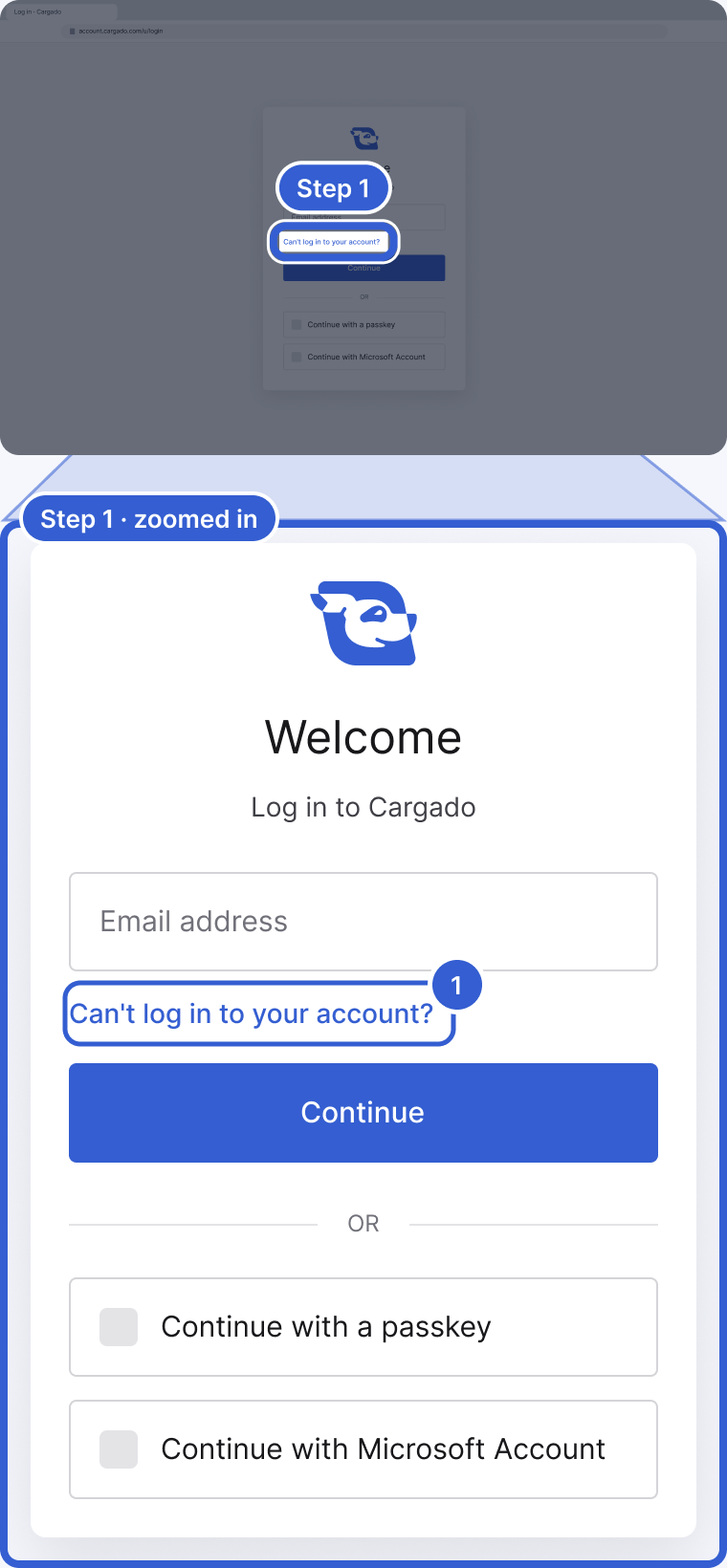 Top: the whole sign-in page at account.cargado.com, dimmed, with the Can't log in to your account? link highlighted and marked Step 1. Bottom, zoomed in: the sign-in card with Welcome, Log in to Cargado, the Email address field, the Can't log in to your account? link, Continue, and the passkey and Microsoft Account options. Badge 1 marks Can't log in to your account?.