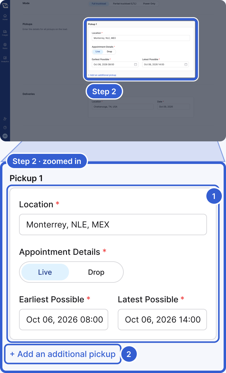 Top: the whole app, dimmed, with the Pickups section highlighted and marked Step 2. Bottom, zoomed in: the Pickup 1 card with Location Monterrey, NLE, MEX, Appointment Details set to Live, and Earliest Possible and Latest Possible dates, then the + Add an additional pickup link. Badge 1 marks the Pickup 1 card. Badge 2 marks + Add an additional pickup.